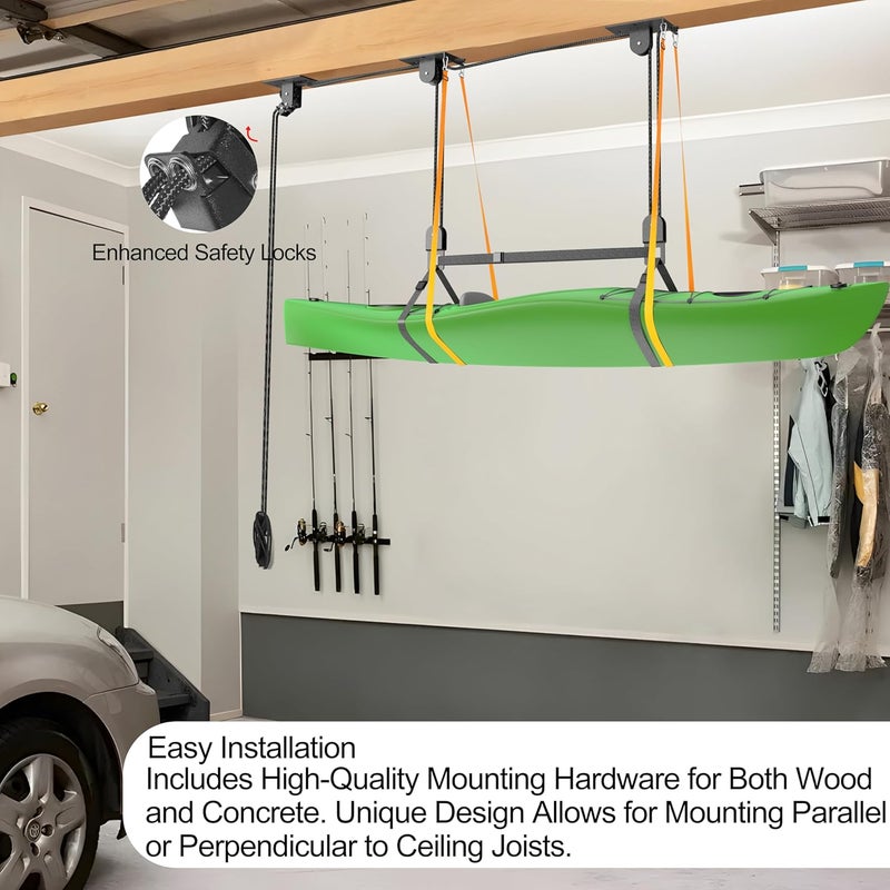 TRUSOON Upgrade Kayak Hoist for Garage Ceiling, Heavy-Duty Kayak Storage Lift Pulley System with Safety Straps, Holds Up to 150 lbs Capacity, Fit 10-18 Foot Ceilings, Black - Image 5